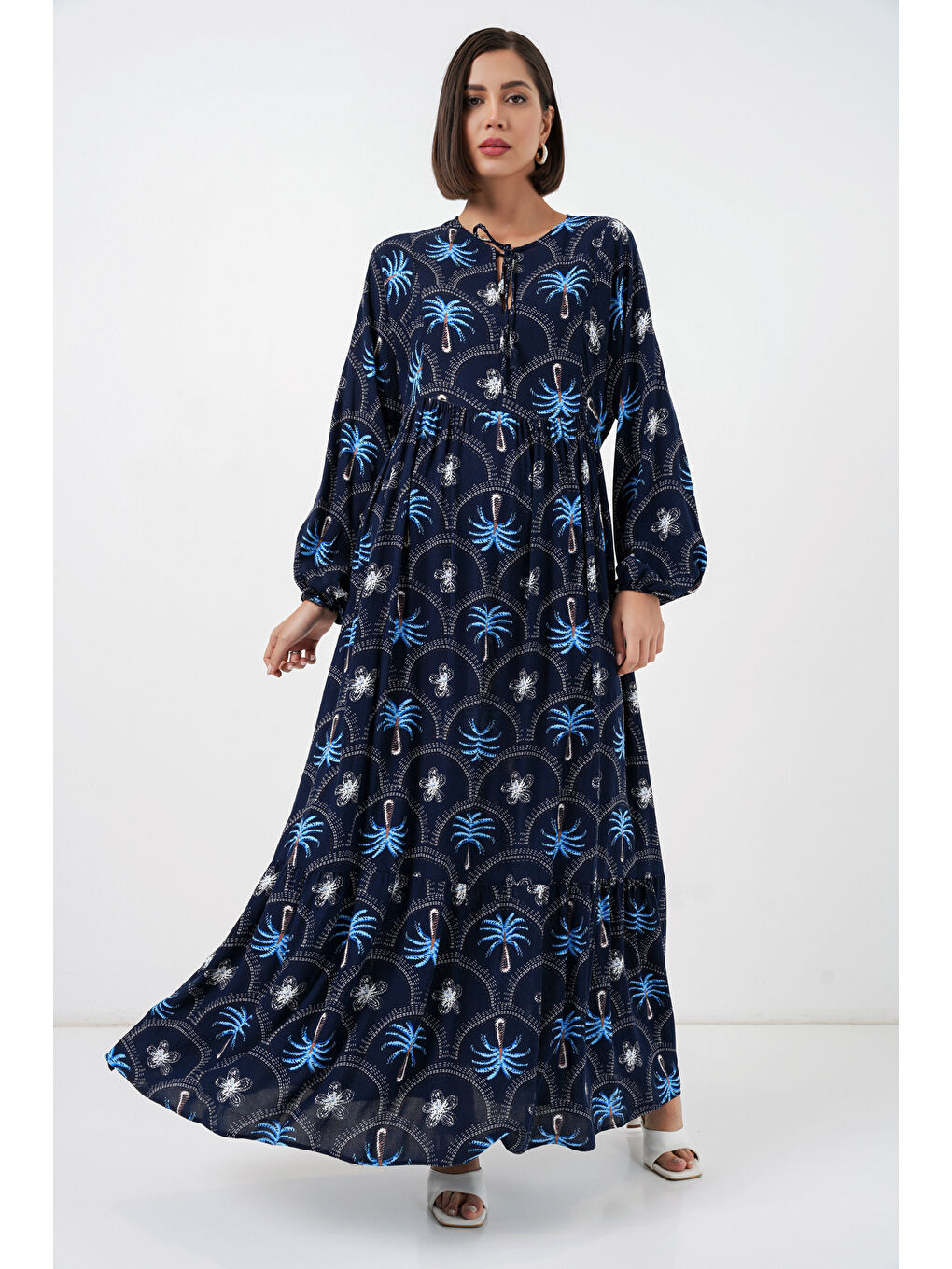 Kadın Desenli Tesettür Elbise 2594 - Lacivert-2