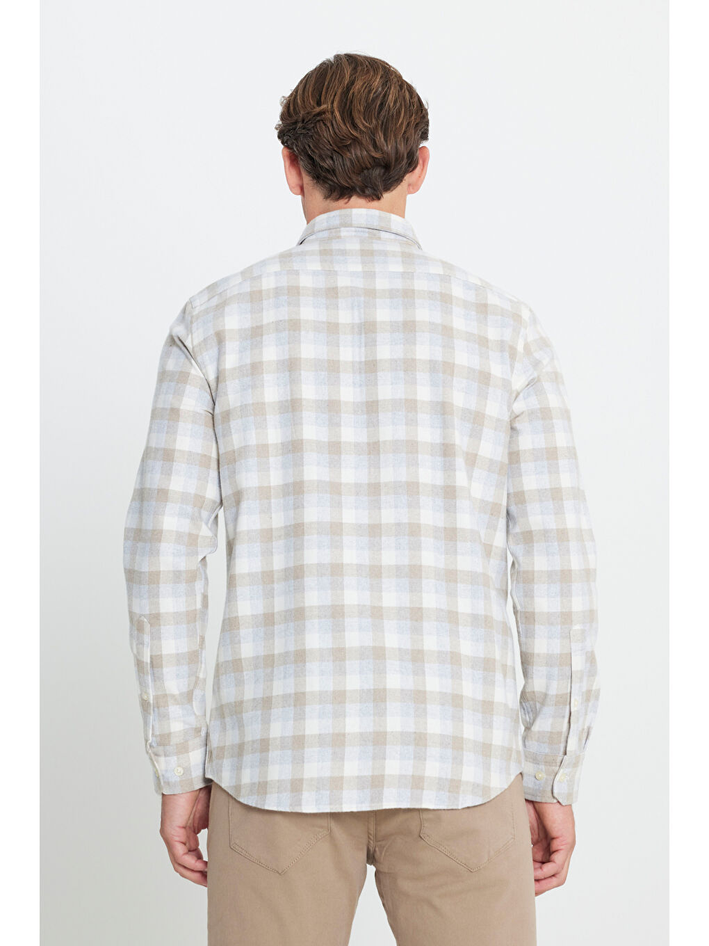 Erkek Bej-Gri Slim Fit Dar Kesim Düğmeli Yaka Kareli Kışlık Flanel Oduncu Gömlek-4