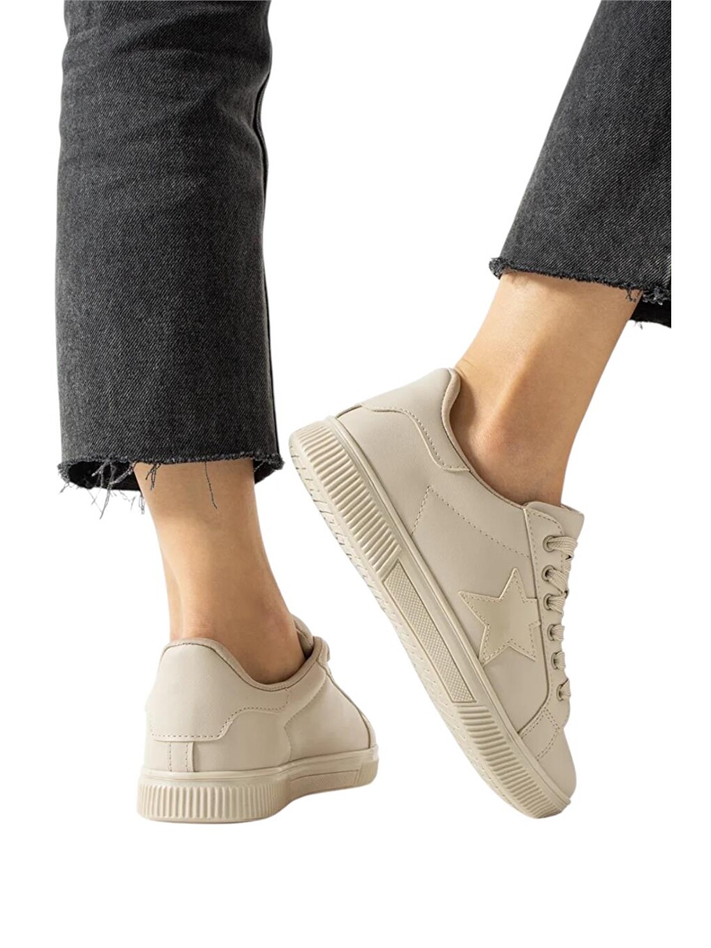 Yıldızlı Spor Kadın Sneaker Ayakkabı Bej-1