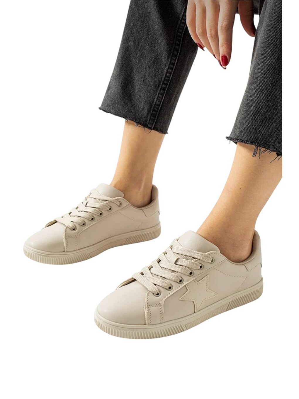 Yıldızlı Spor Kadın Sneaker Ayakkabı Bej-2