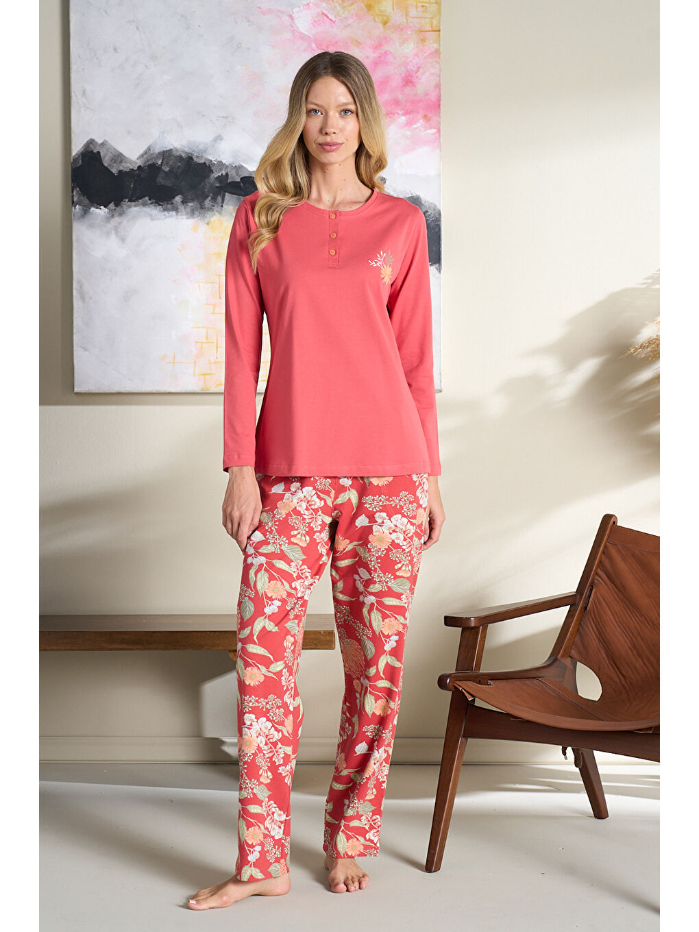 Kadın Penye Uzun Kol Pijama Takımı 3120 Açık Kırmızı-1