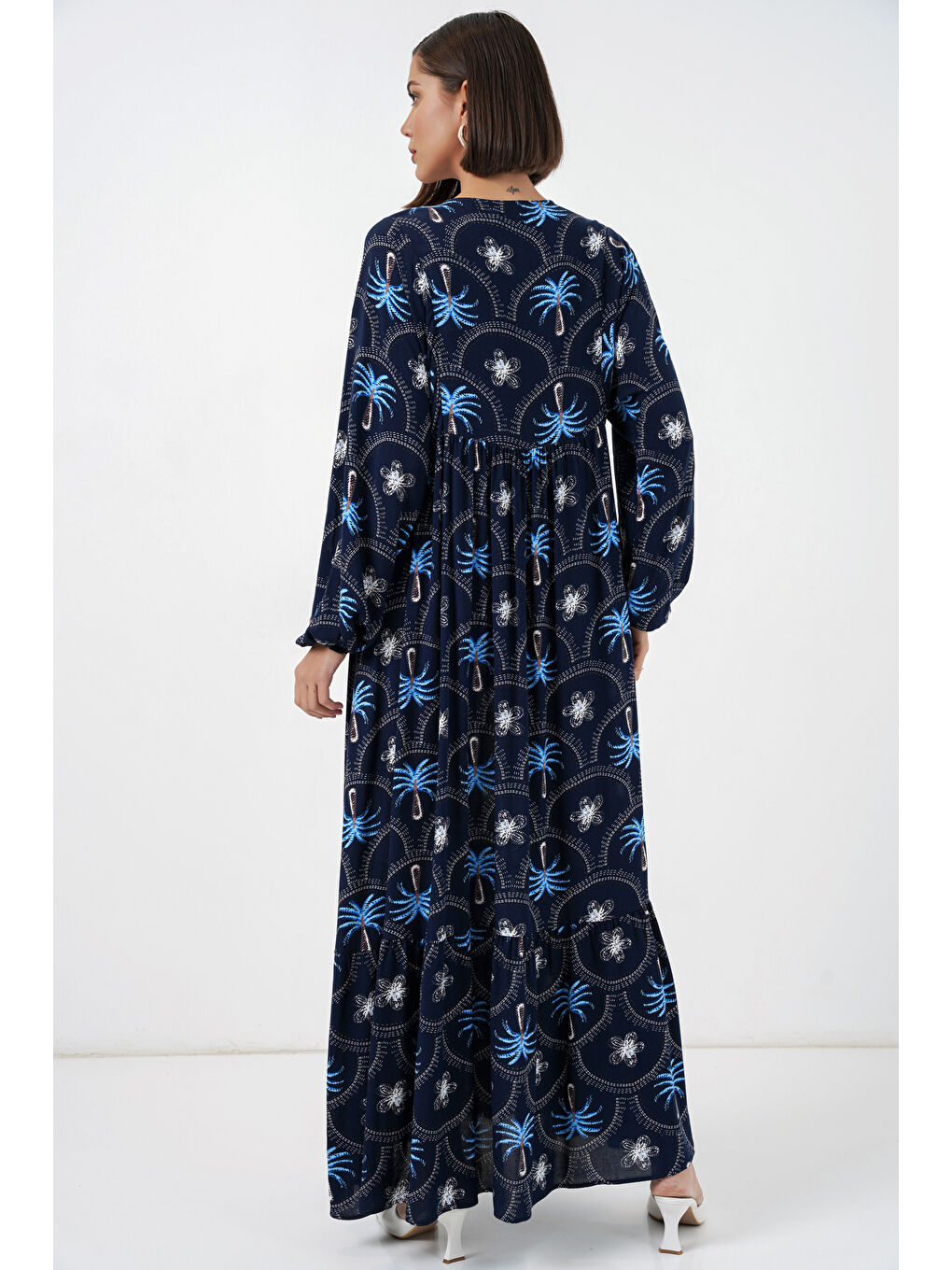 Kadın Desenli Tesettür Elbise 2594 - Lacivert-5