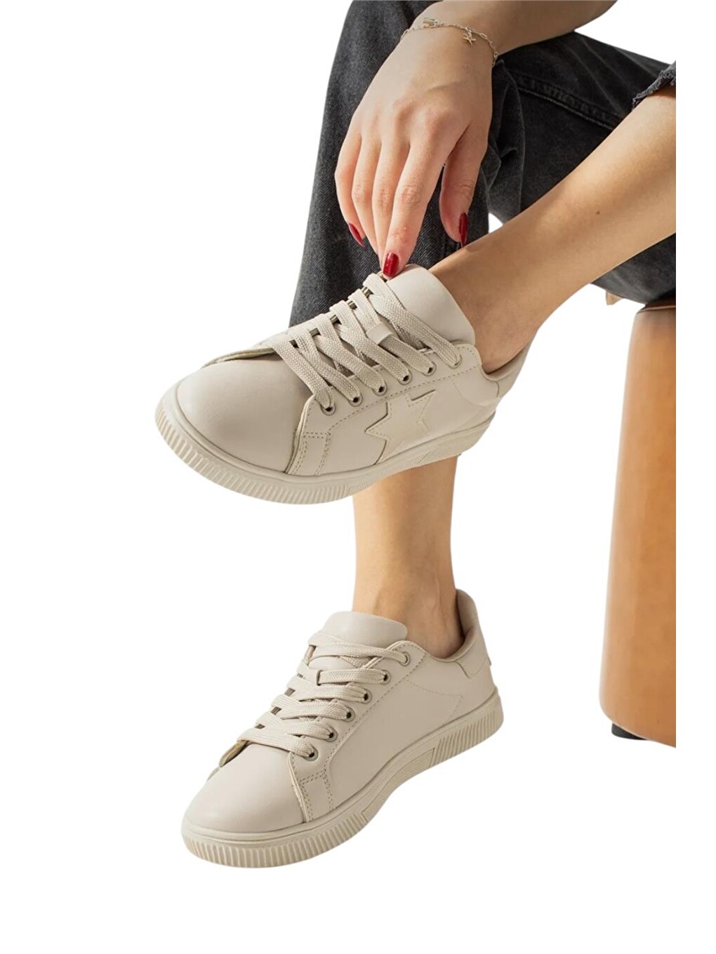 Yıldızlı Spor Kadın Sneaker Ayakkabı Bej-3