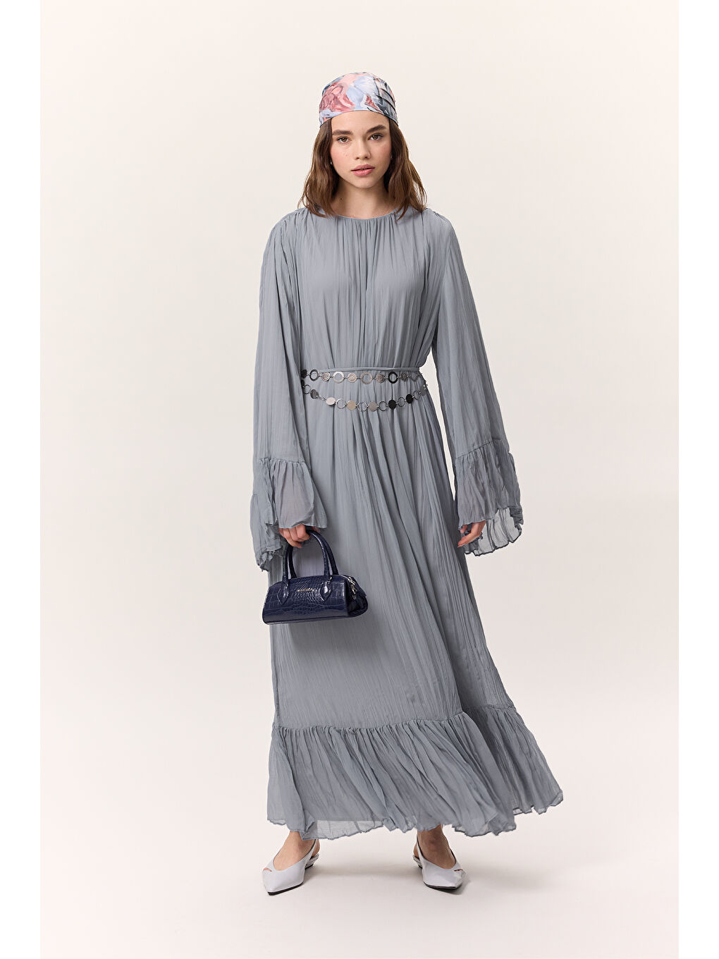 Crush Piliseli Katlı Uzun Elbise Mavi-1