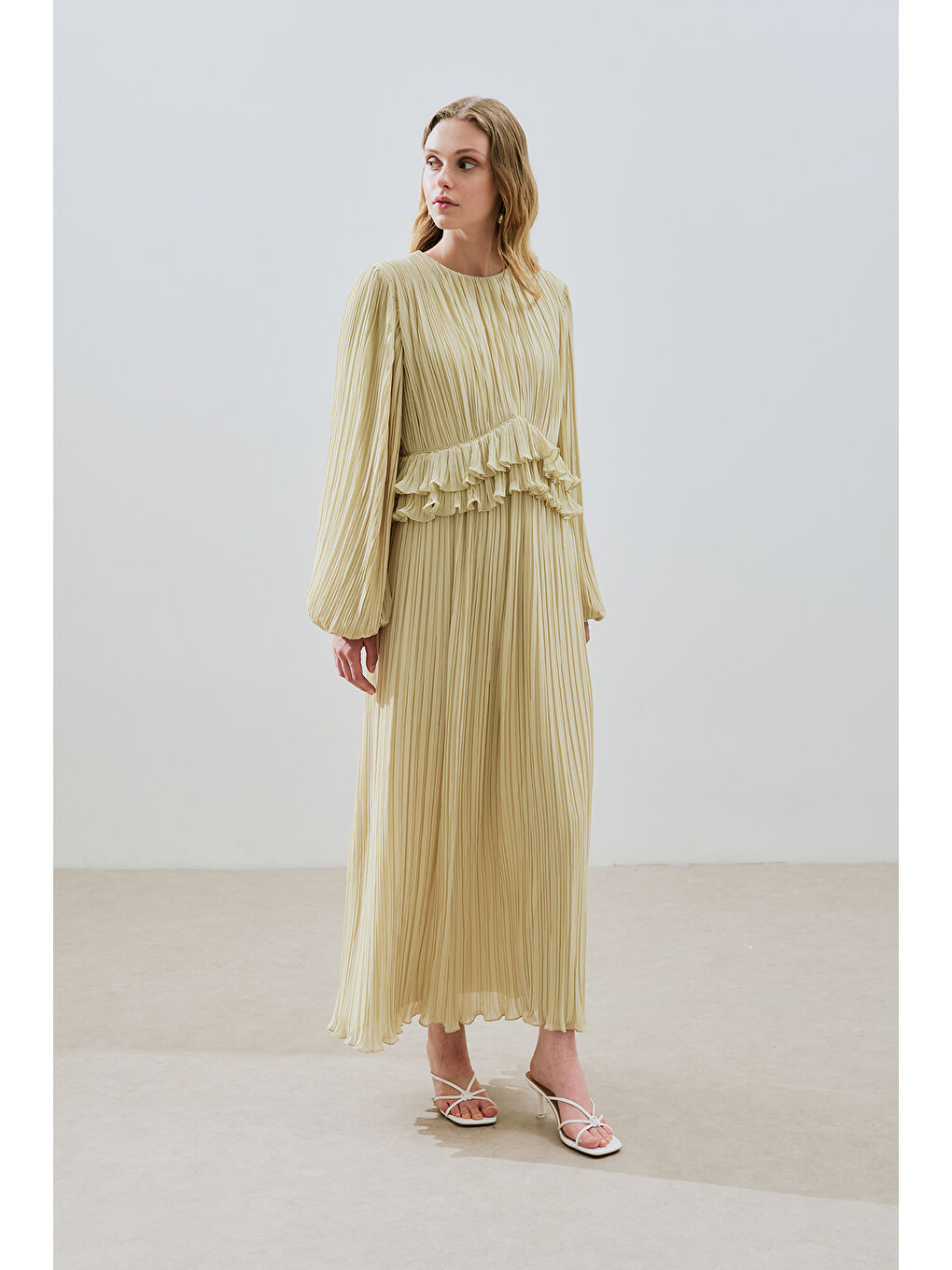 Yeşil Mila Piliseli Katlı Elbise Adaçayı-1