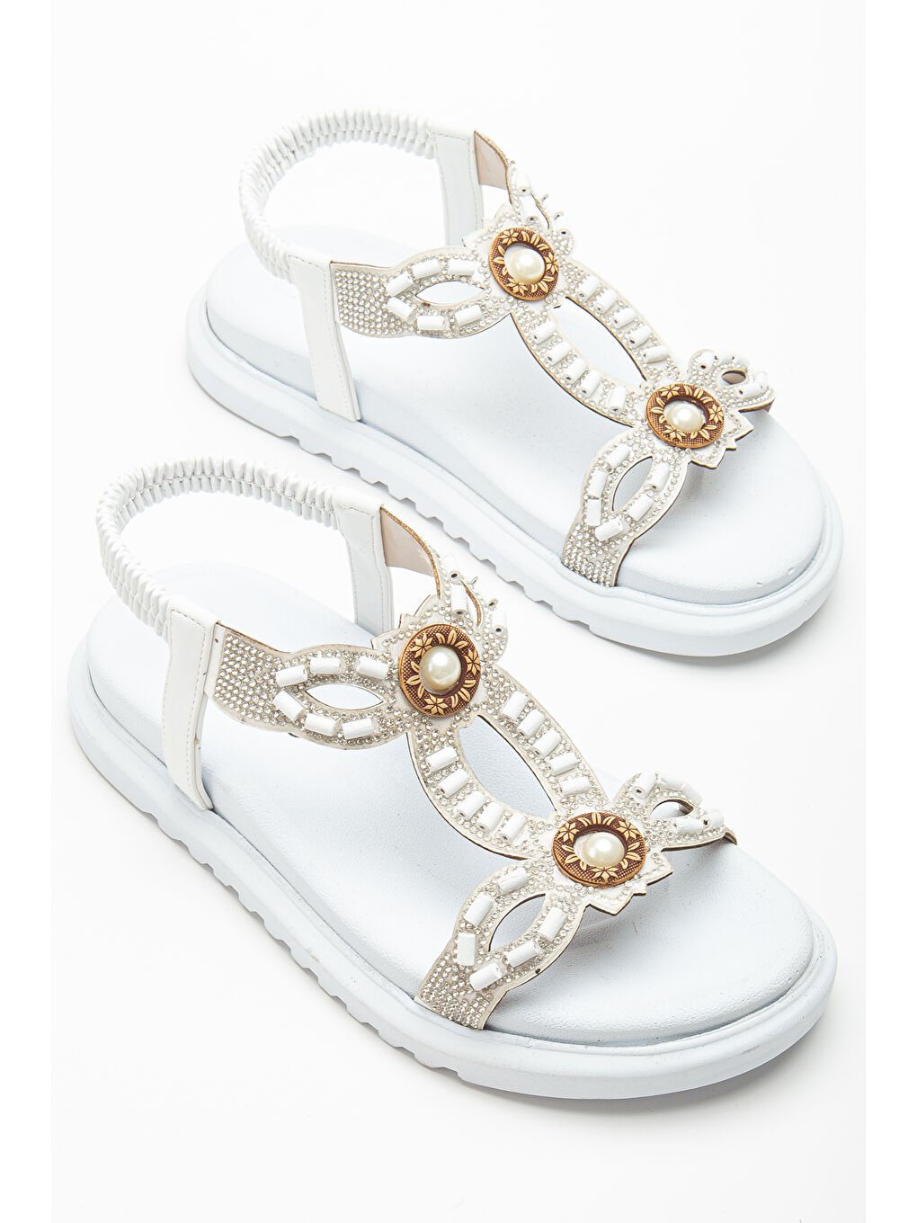 Kadın Beyaz Arkası Lastikli Taş İşlemeli Sandalet-1