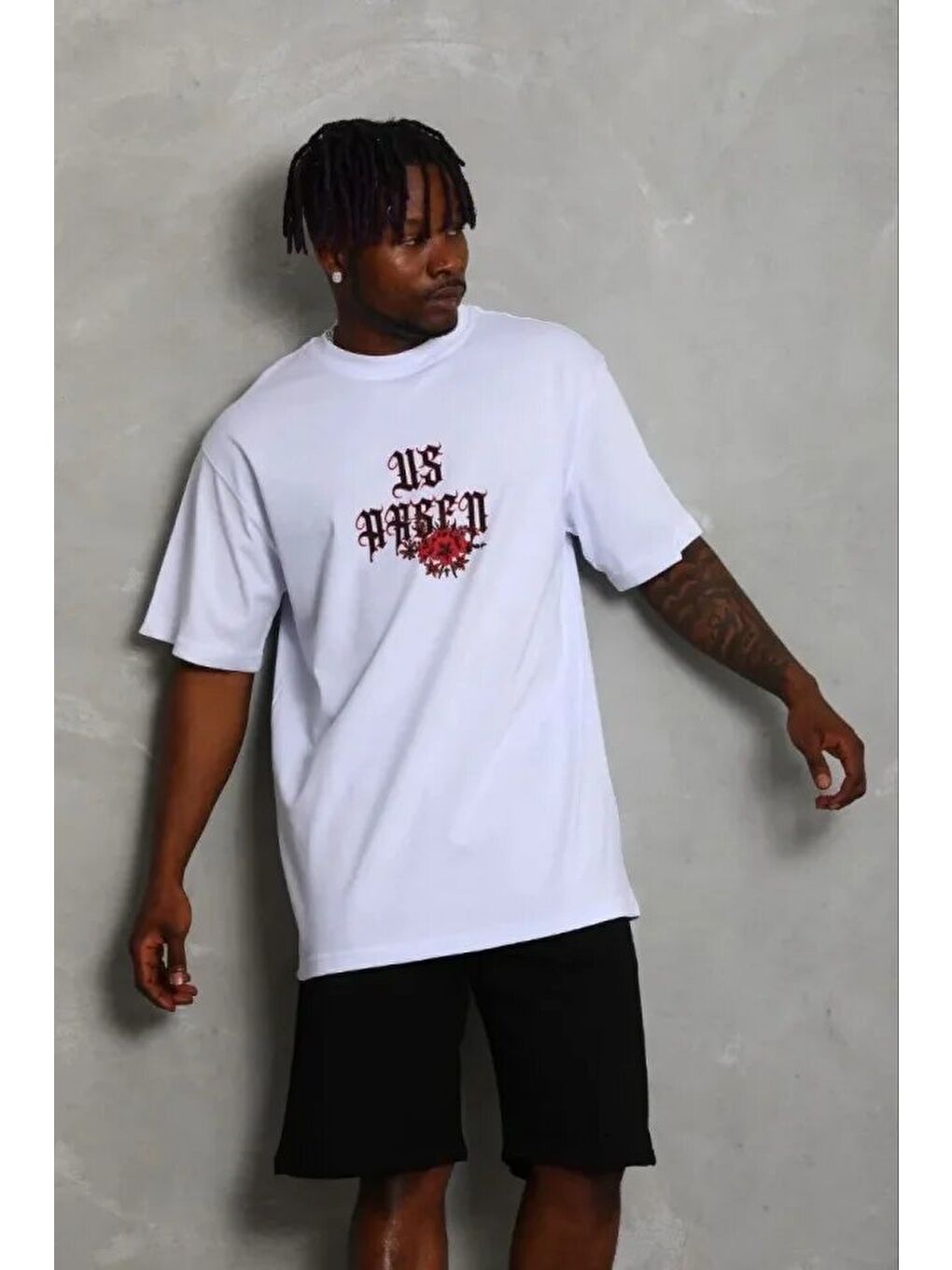 Beyaz Erkek Baskılı Tişört-1