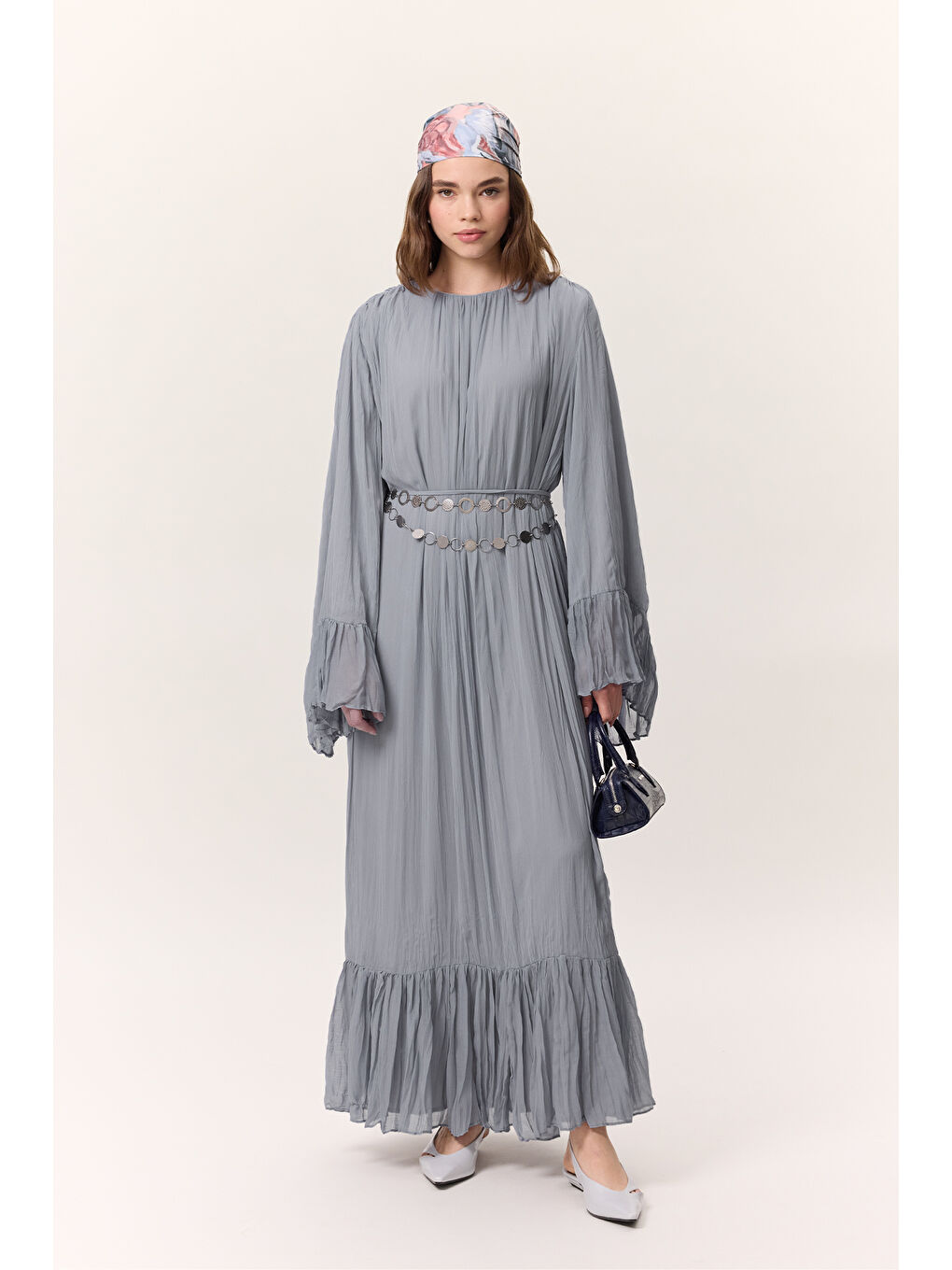 Crush Piliseli Katlı Uzun Elbise Mavi-2