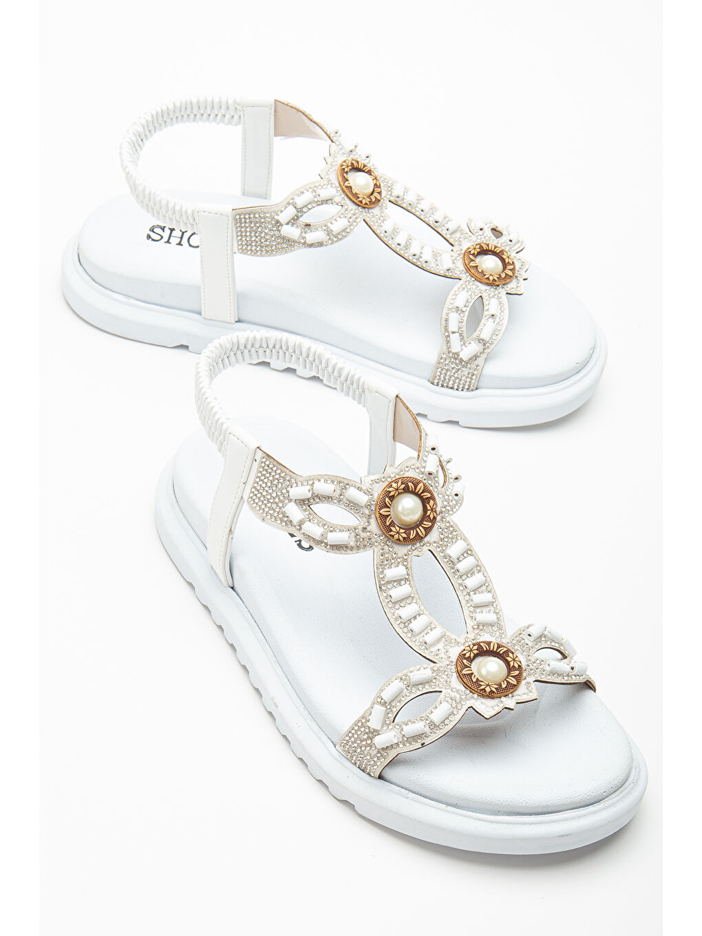 Kadın Beyaz Arkası Lastikli Taş İşlemeli Sandalet-2