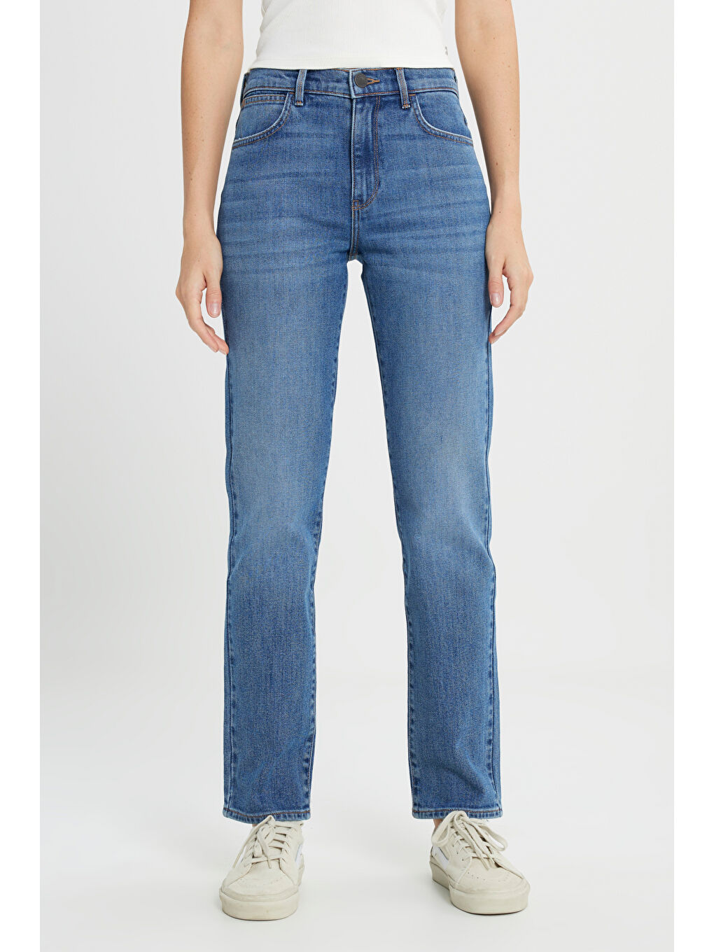 Bej Straight Fit Düz Kesim Yüksek Bel Düz Paça Mavi Jean Jean Pantolon-2