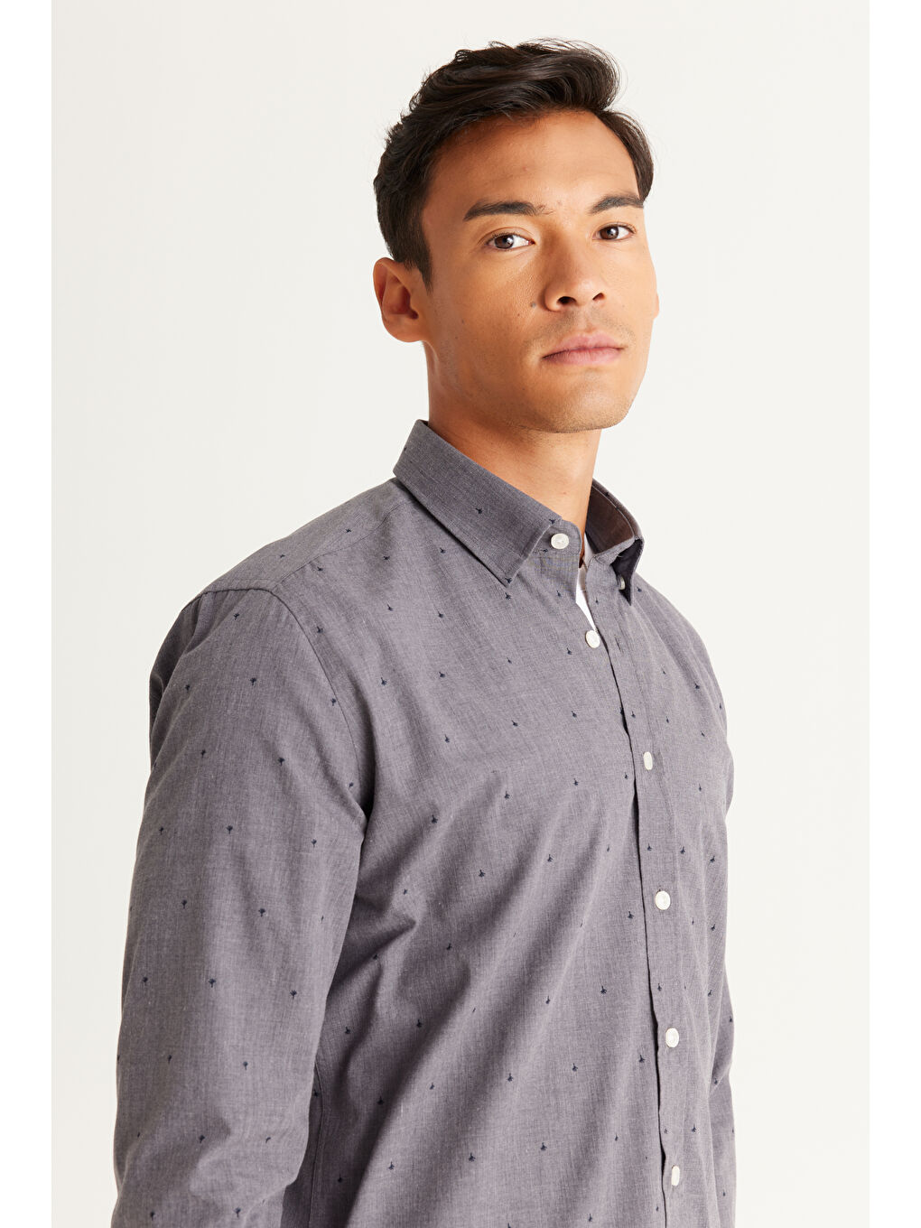 Erkek Lacivert Slim Fit Dar Kesim Gizli Düğme Yaka Desenli Gömlek-1