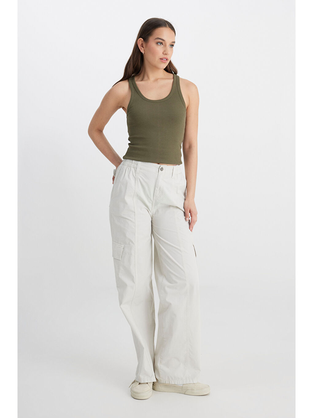 Loose Fit Rahat Kesim Yüksek Bel Geniş Paça %100 Pamuk Ekru Kargo Pantolon-1