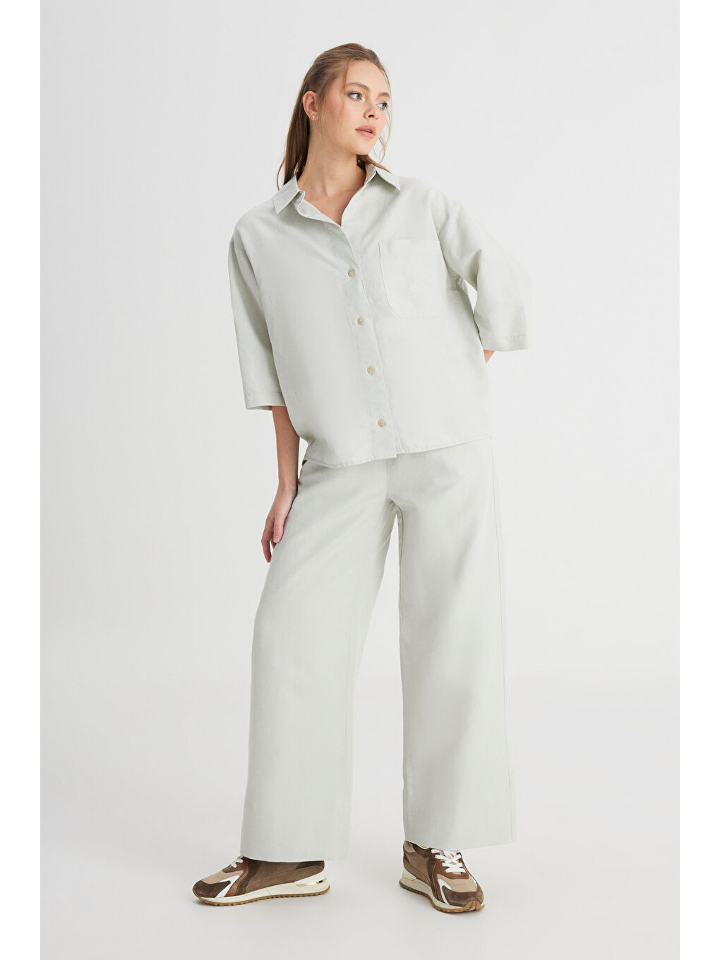 Relaxed Fit Geniş Kesim Kısa Kollu Mint Yeşili Gömlek-2