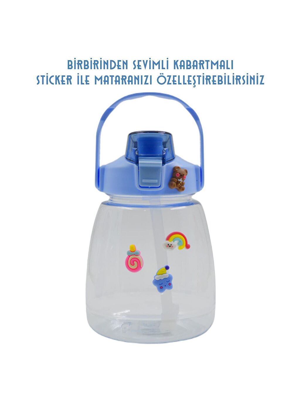 BottleBoss Mavi Taşıma Askılı Pipetli Şeffaf Matara 1200 Ml Sticker HEDİYELİ Mavi - 4