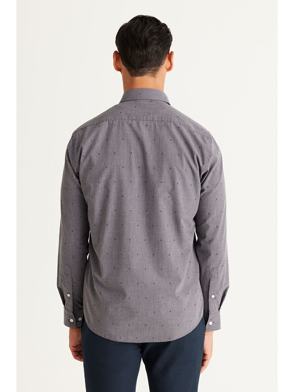 Erkek Lacivert Slim Fit Dar Kesim Gizli Düğme Yaka Desenli Gömlek-4