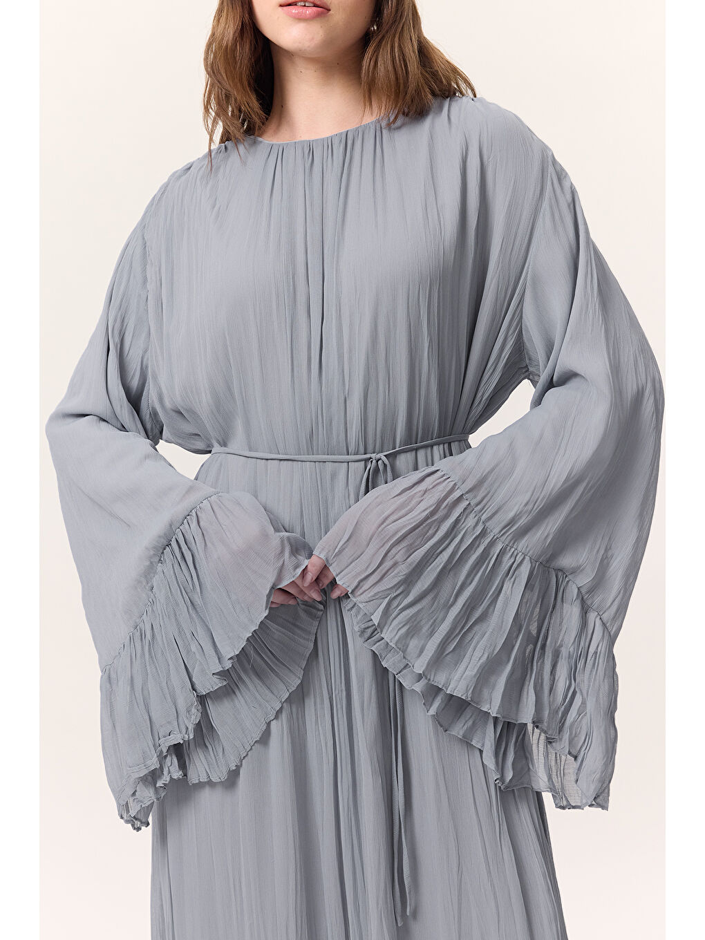 Crush Piliseli Katlı Uzun Elbise Mavi-3