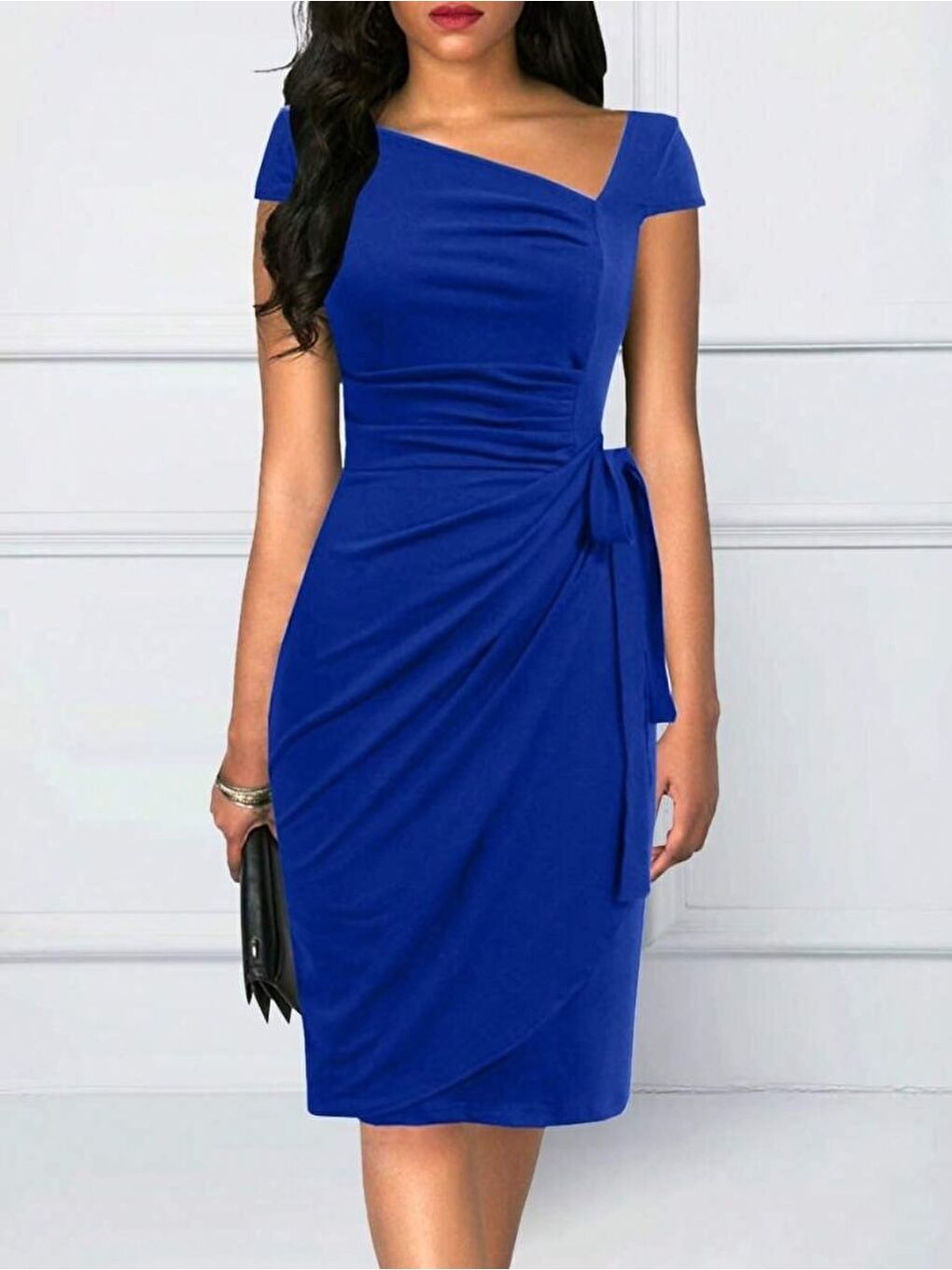 Mavi Kadın Kısa Kollu V Asimetrik Yaka Kesimli Yandan Bağlamalı Mini Janjan Krep Elbise-1