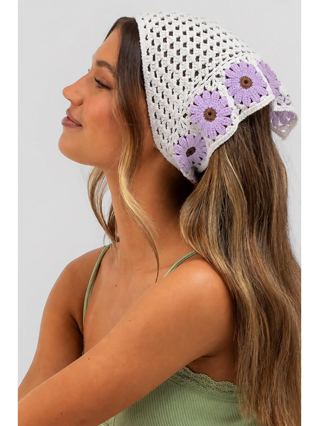 Lila Floral Örgü Üçgen Bandana-1