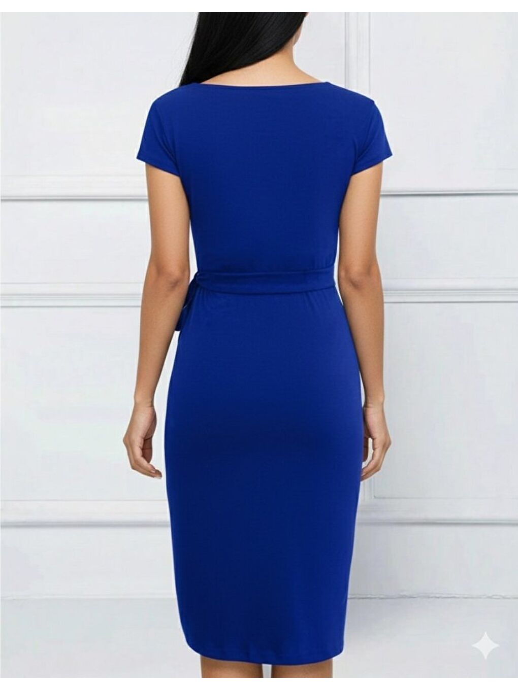 Mavi Kadın Kısa Kollu V Asimetrik Yaka Kesimli Yandan Bağlamalı Mini Janjan Krep Elbise-2