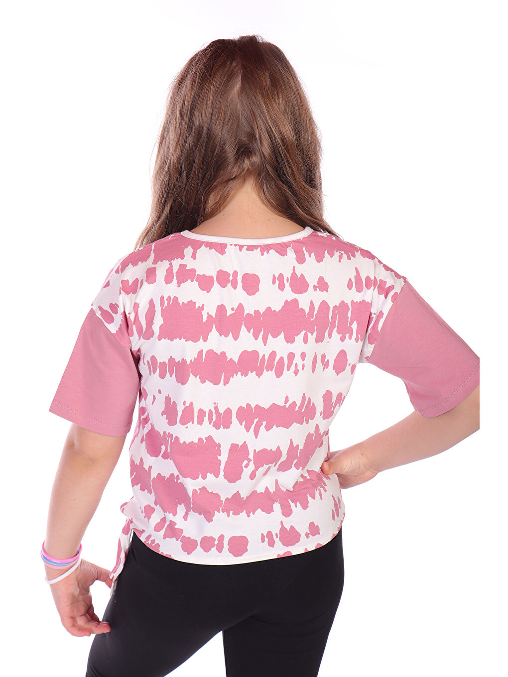 Pembe Kız Çocuk Runner Baskılı Batikli Tişört-1