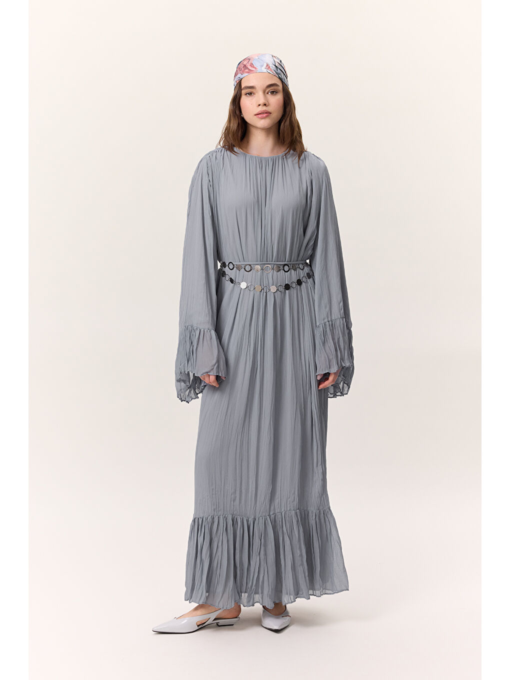 Crush Piliseli Katlı Uzun Elbise Mavi-4