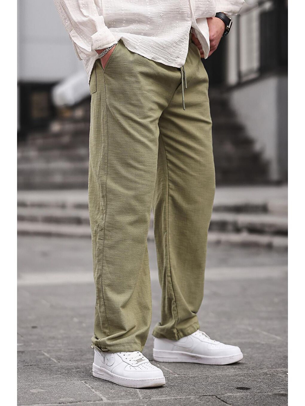 Paça Detaylı Rahat Kesim Erkek Haki %100 Pamuk Pantolon 6532