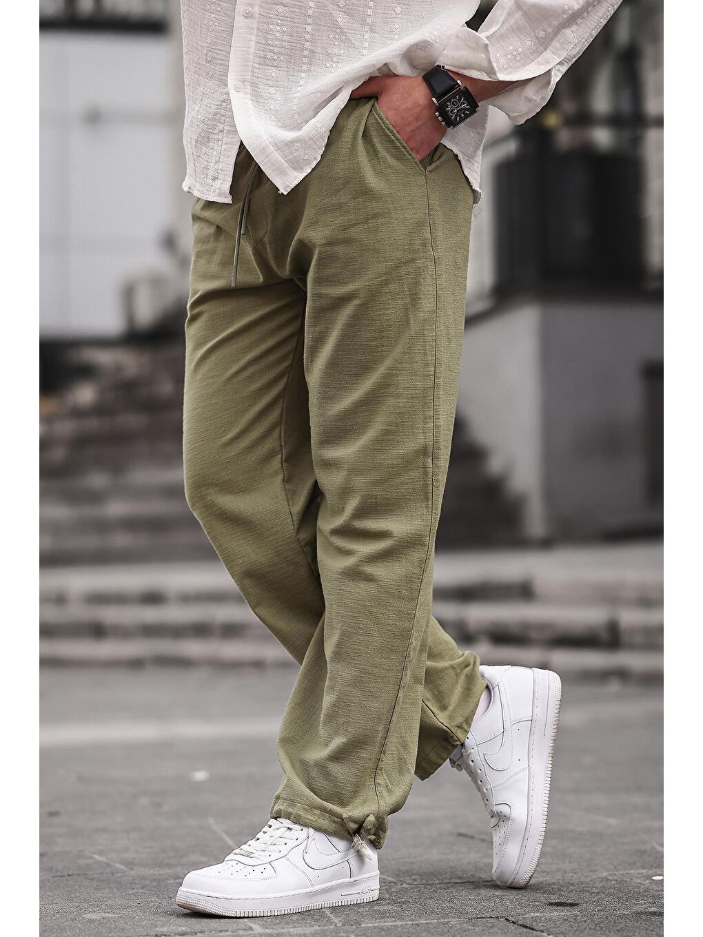 Paça Detaylı Rahat Kesim Erkek Haki %100 Pamuk Pantolon 6532-1