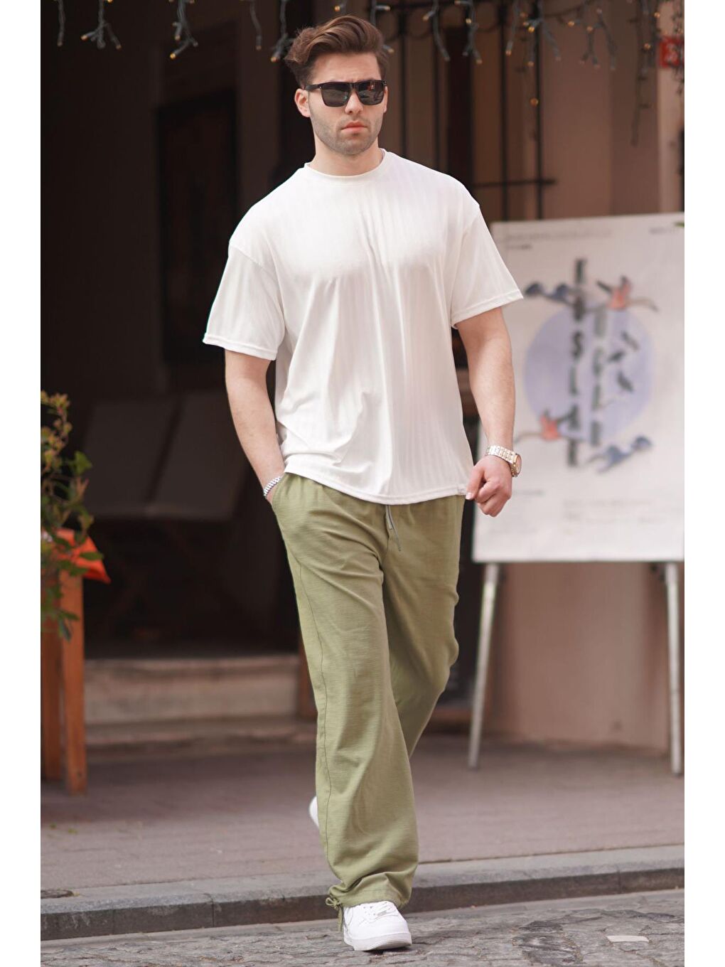 Paça Detaylı Rahat Kesim Erkek Haki %100 Pamuk Pantolon 6532-2
