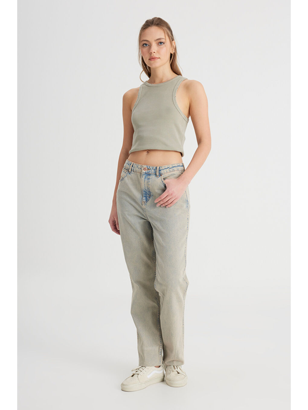 Bej Regular Fit Normal Kesim Yüksek Bel Düz Paça %100 Pamuk Wild West Taş Rengi Jean Jean Pantolon