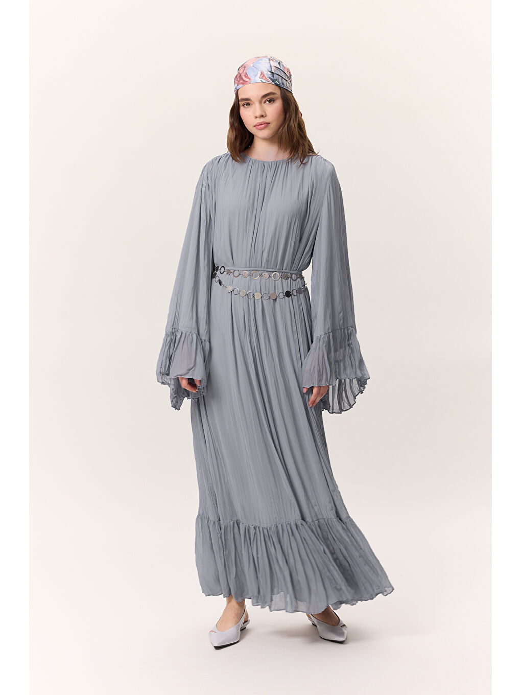 Crush Piliseli Katlı Uzun Elbise Mavi-5