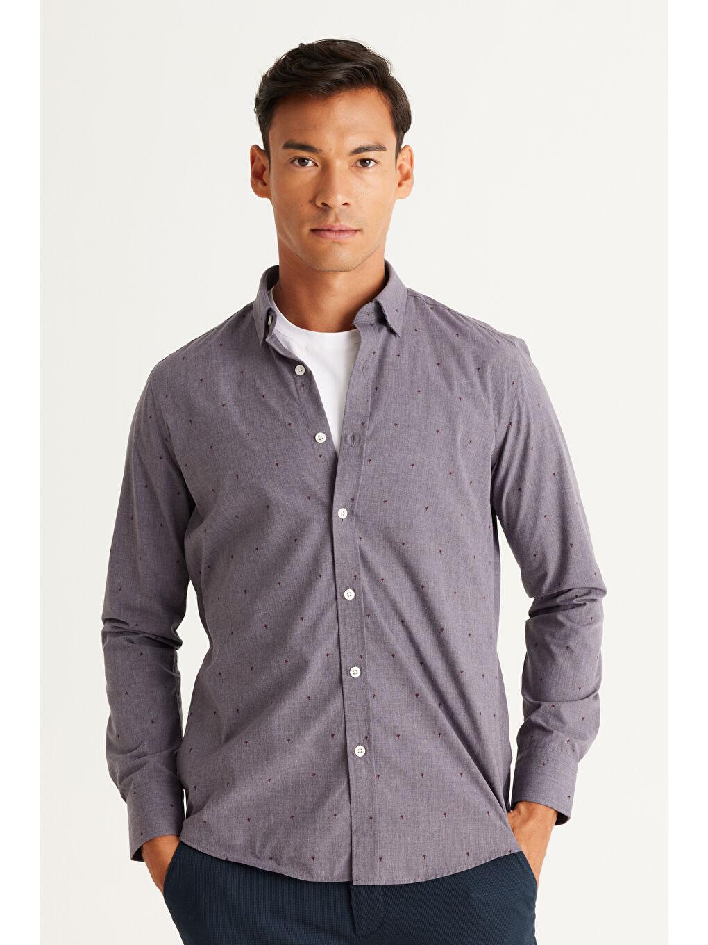 Erkek Gri Slim Fit Dar Kesim Gizli Düğme Yaka Desenli Gömlek