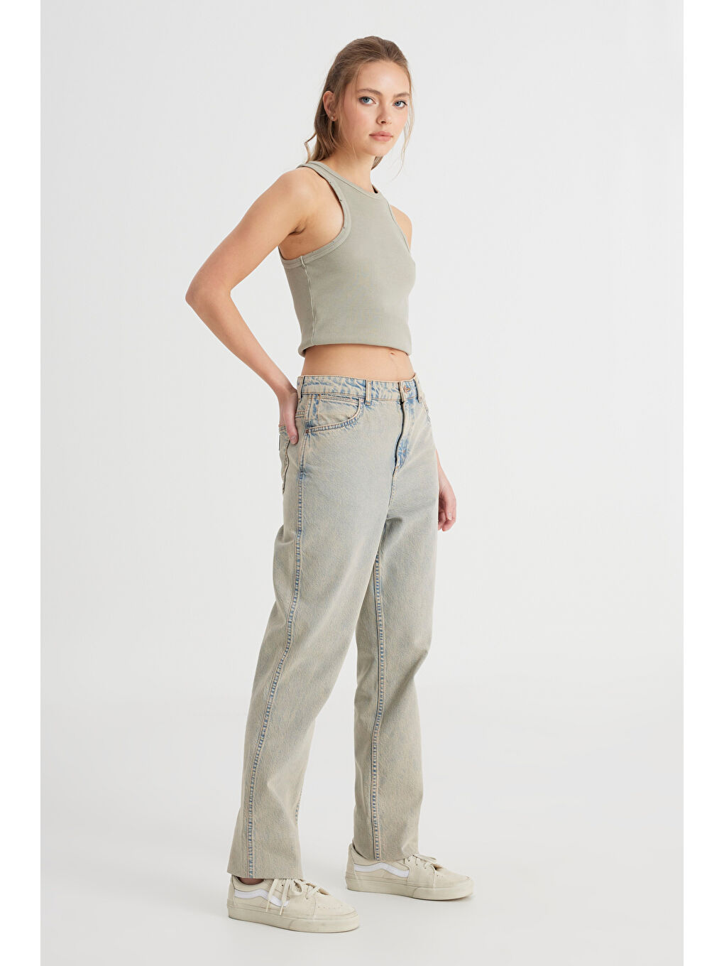 Bej Regular Fit Normal Kesim Yüksek Bel Düz Paça %100 Pamuk Wild West Taş Rengi Jean Jean Pantolon-1