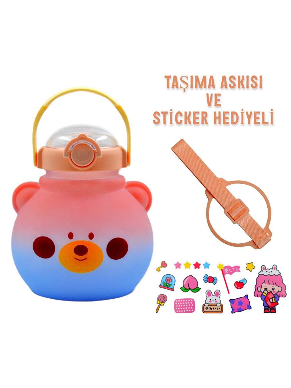 BottleBoss Pembe Pipetli Taşıma Askılı Sevimli Matara 1300 Ml Sticker HEDİYELİ Pembe - 1