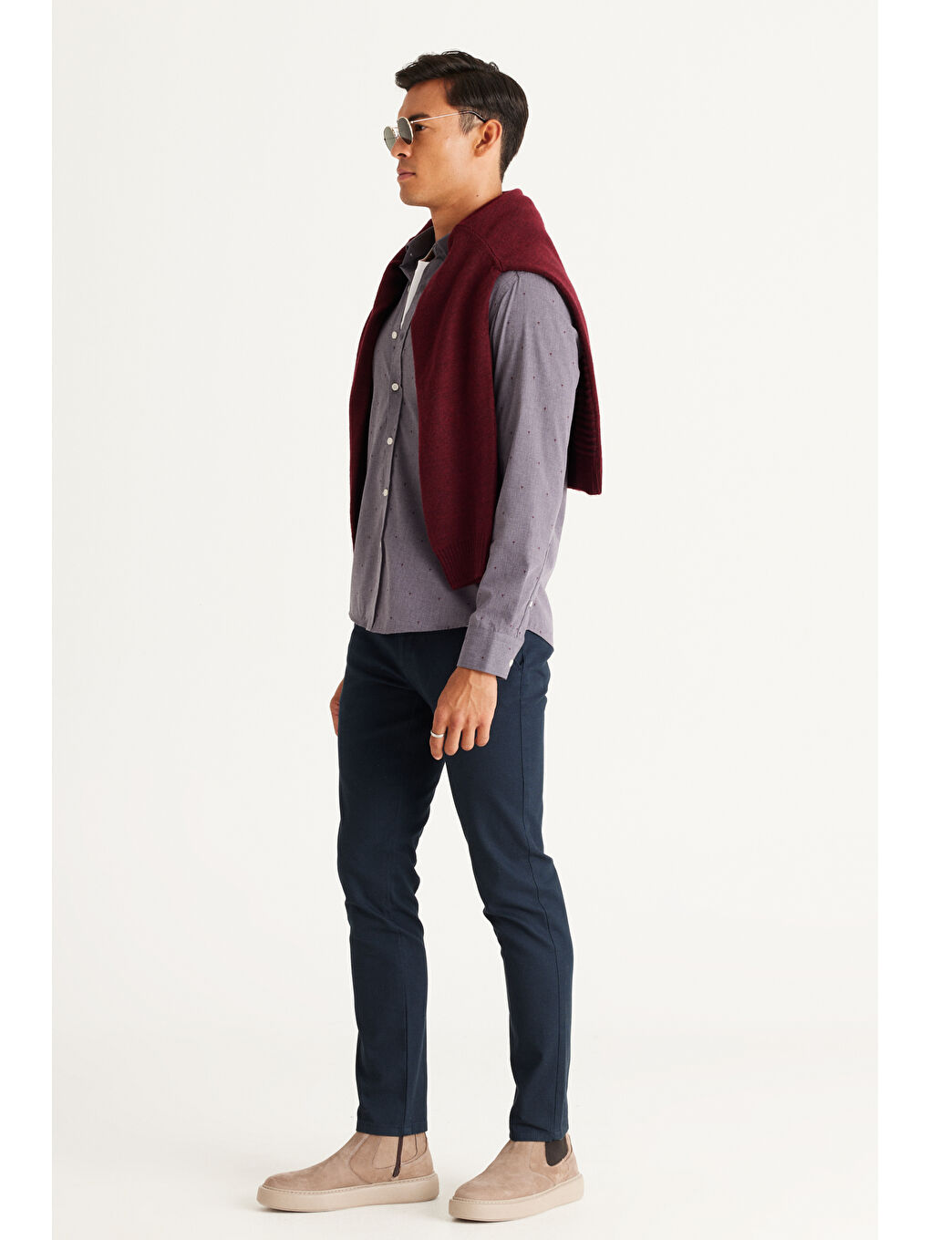 Erkek Gri Slim Fit Dar Kesim Gizli Düğme Yaka Desenli Gömlek-1