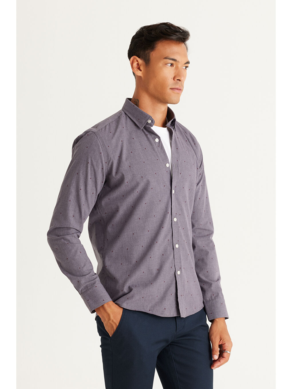 Erkek Gri Slim Fit Dar Kesim Gizli Düğme Yaka Desenli Gömlek-2