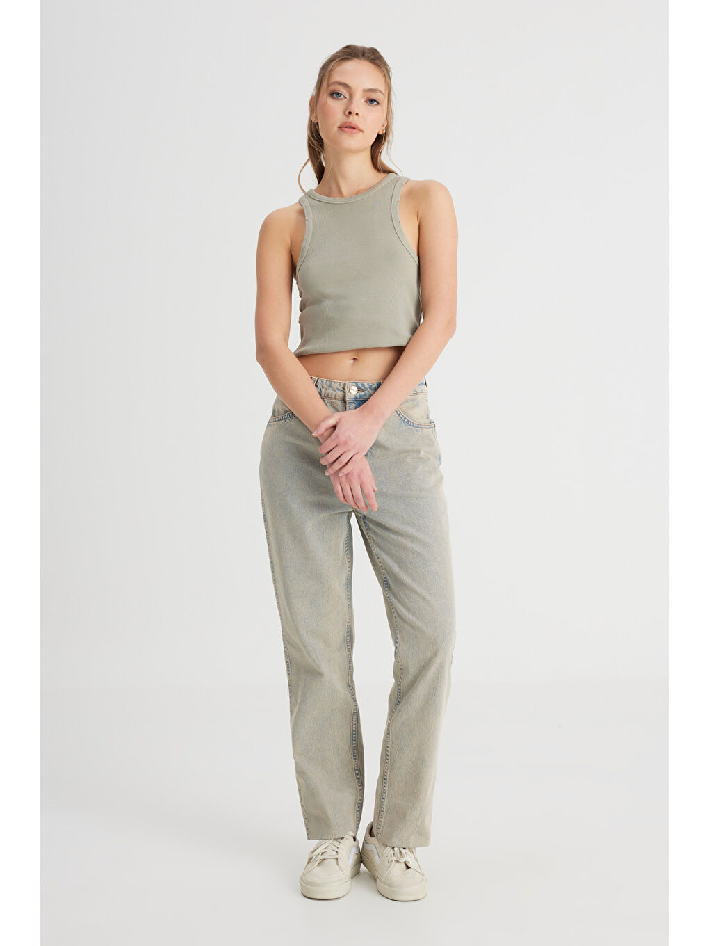 Bej Regular Fit Normal Kesim Yüksek Bel Düz Paça %100 Pamuk Wild West Taş Rengi Jean Jean Pantolon-2