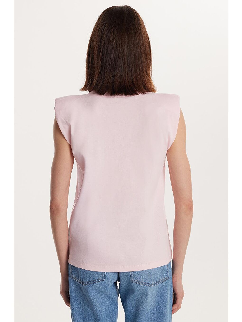 Kadın Relax Fit Rahat Kesim Sıfır Kol Bisiklet Yaka Pembe Tişört-4
