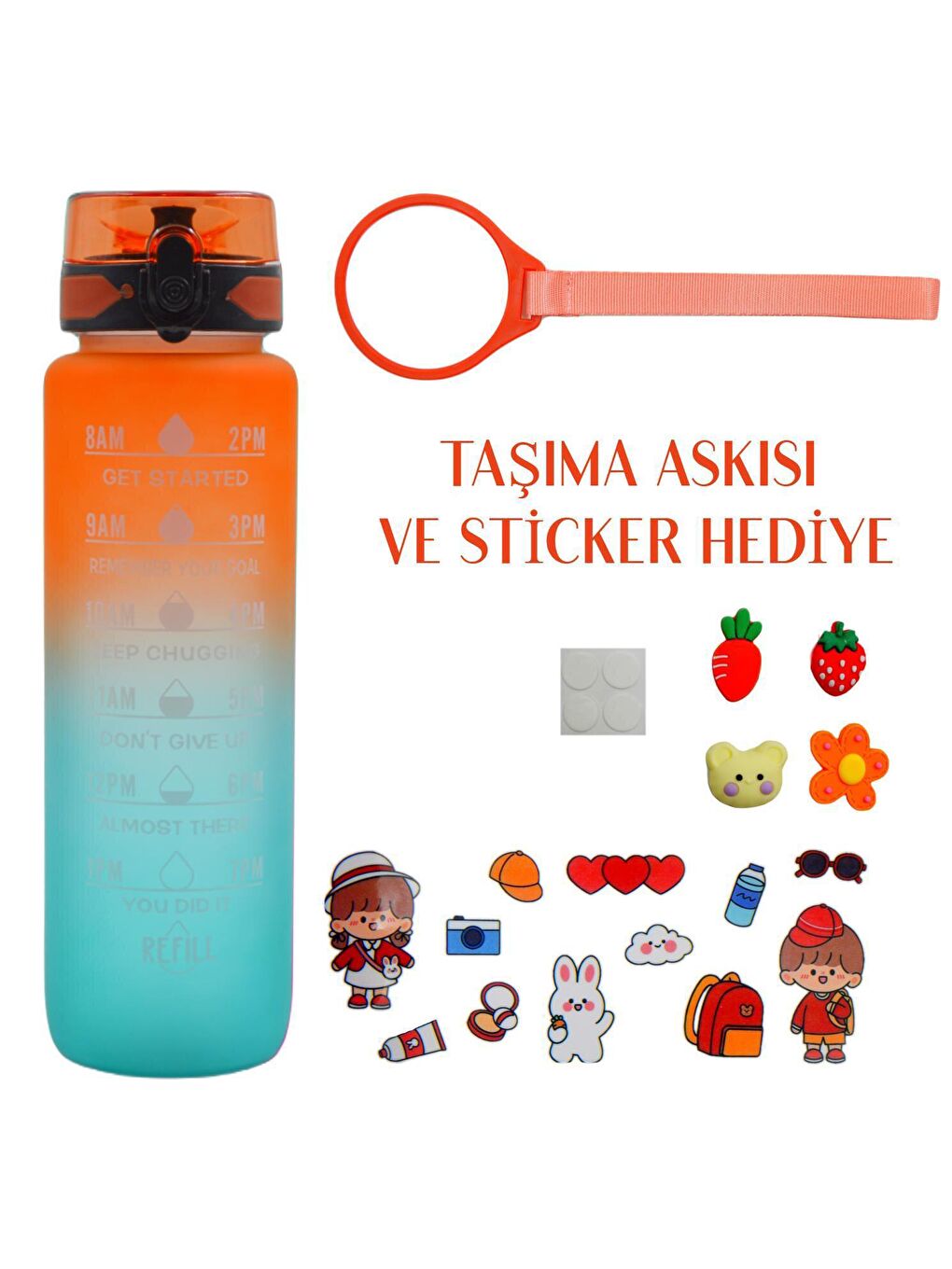 BottleBoss Turuncu Renk Geçişli Sızdırmaz Kapak Motivasyon Matarası 1 Litre Sticker HEDİYELİ Turuncu (BB-899591) - 1