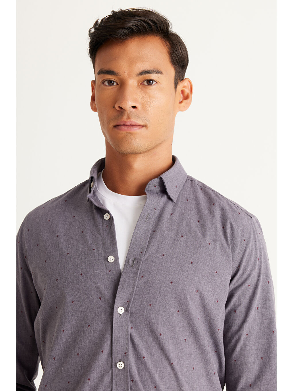 Erkek Gri Slim Fit Dar Kesim Gizli Düğme Yaka Desenli Gömlek-3