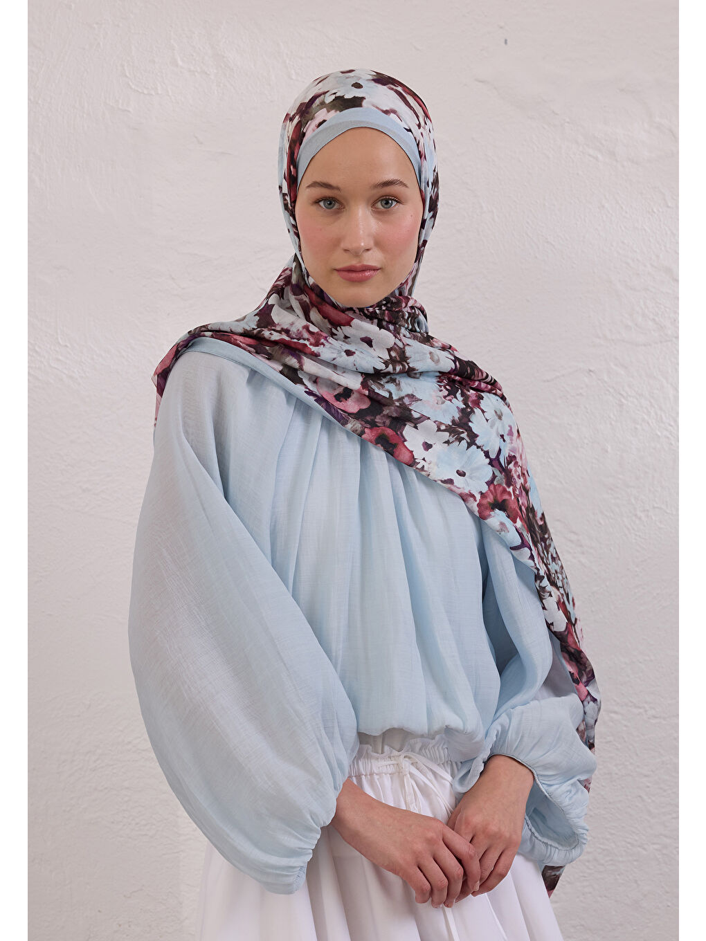 Beauty Blossom Desen Rami Şal Soft Mavi-2