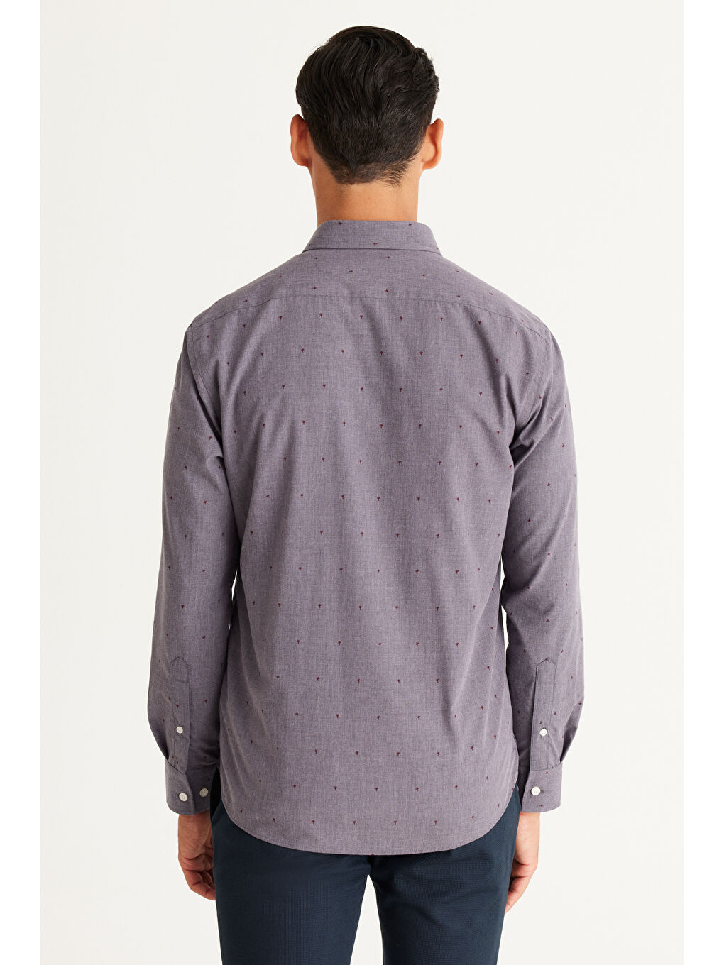 Erkek Gri Slim Fit Dar Kesim Gizli Düğme Yaka Desenli Gömlek-4