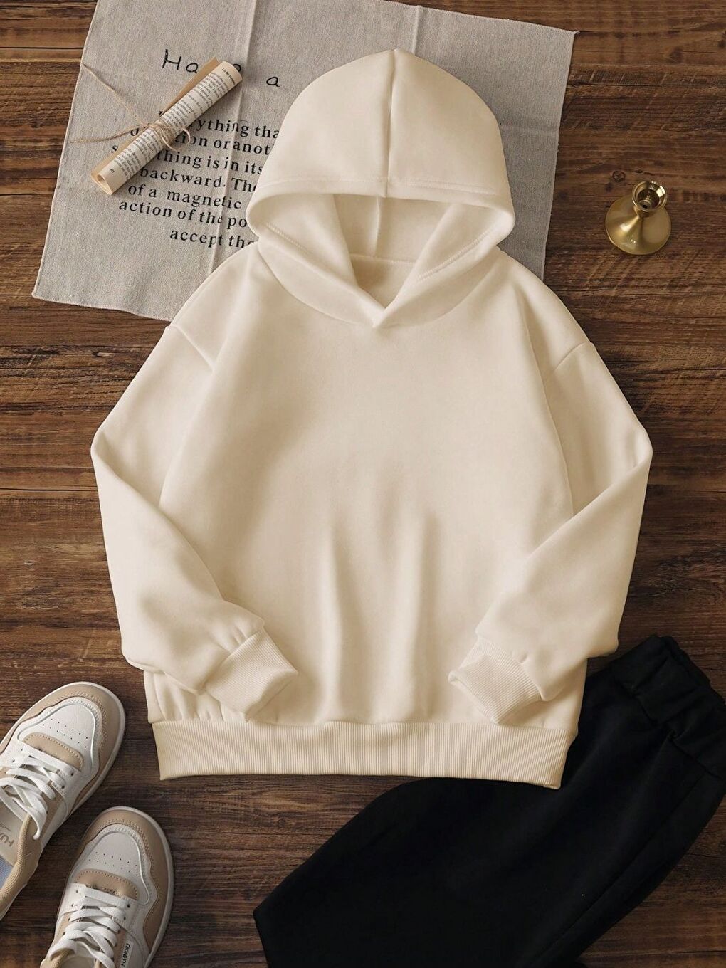 Bej Bro. Baskılı Oversize Kapüşonlu Sweatshirt-1