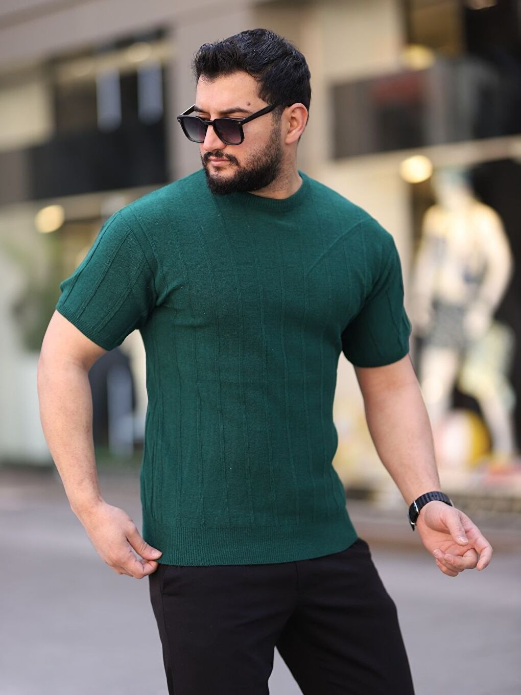 Yeşil Bisiklet Yaka Kabartma Triko Örme  Kısa Kollu Tişört-1