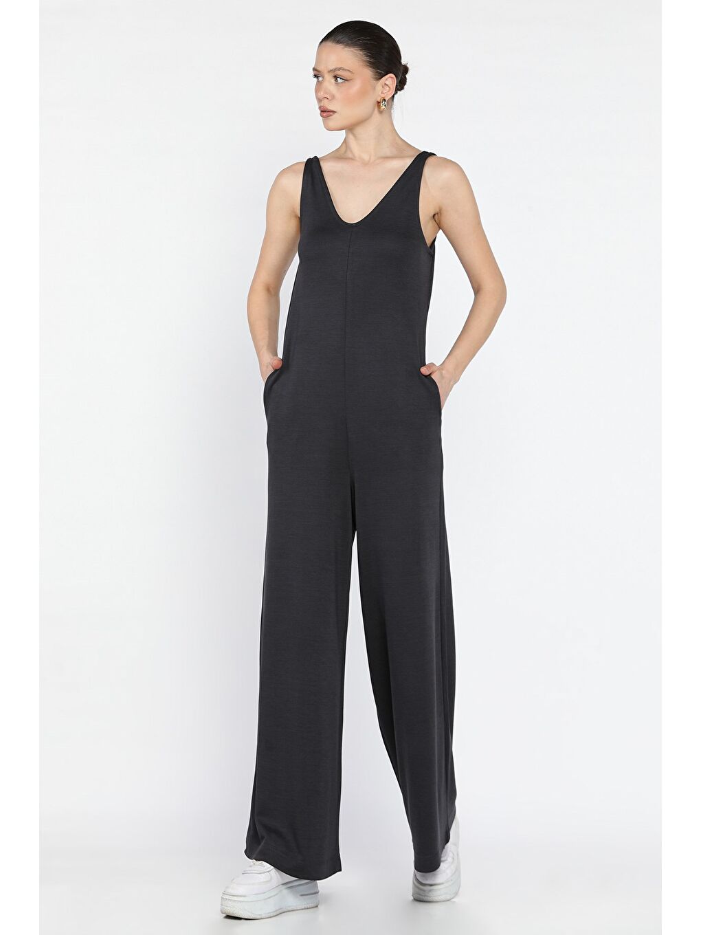 Gri Kadın Cepli Bol Paça Tulum-1