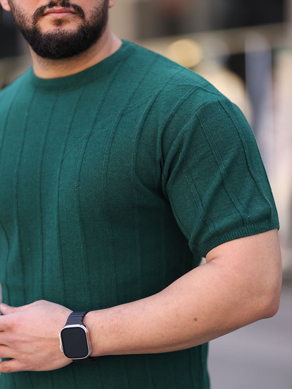 Yeşil Bisiklet Yaka Kabartma Triko Örme  Kısa Kollu Tişört-2