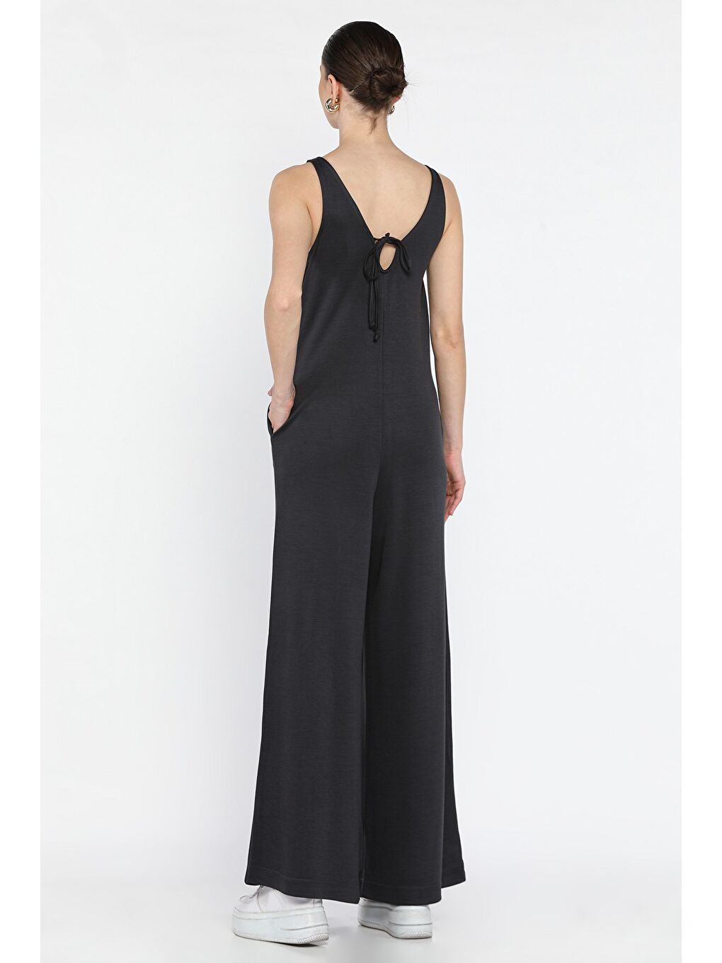 Gri Kadın Cepli Bol Paça Tulum-2