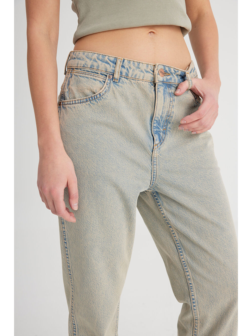 Bej Regular Fit Normal Kesim Yüksek Bel Düz Paça %100 Pamuk Wild West Taş Rengi Jean Jean Pantolon-3