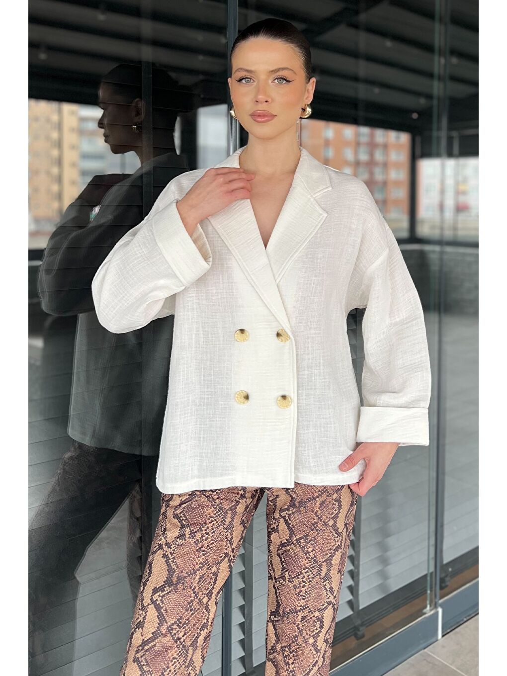 Ekru Kadın Duble Kol Keten Ceket-1