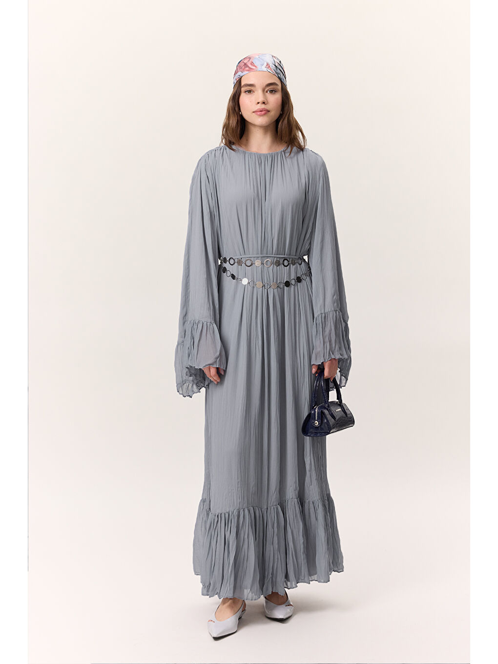 Crush Piliseli Katlı Uzun Elbise Mavi-7