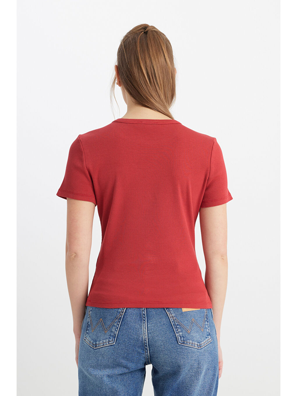 Slim Fit Dar Kesim Bisiklet Yaka Kırmızı Tişört-4